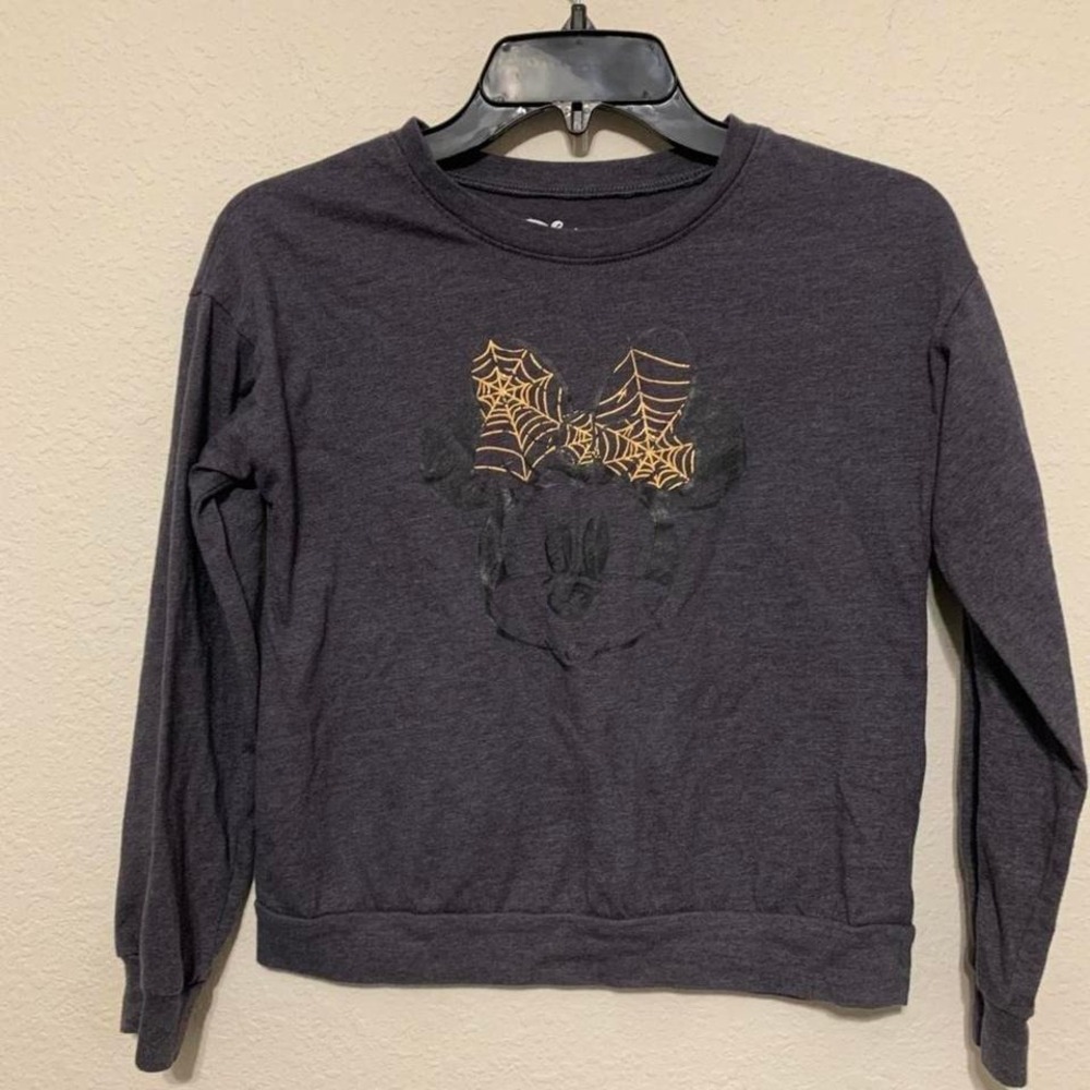 Disney Girls Minnie Mouse Spiderweb Bow Halloween Long Sleeve Shirt Gray L 10/12